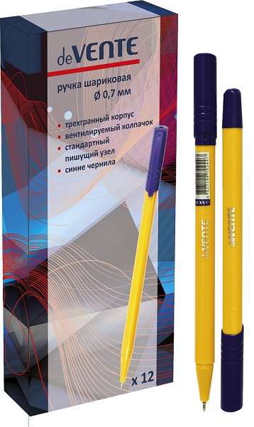 Ручка шариковая deVENTE 5073604 желтый трехгранный корпус, синяя 