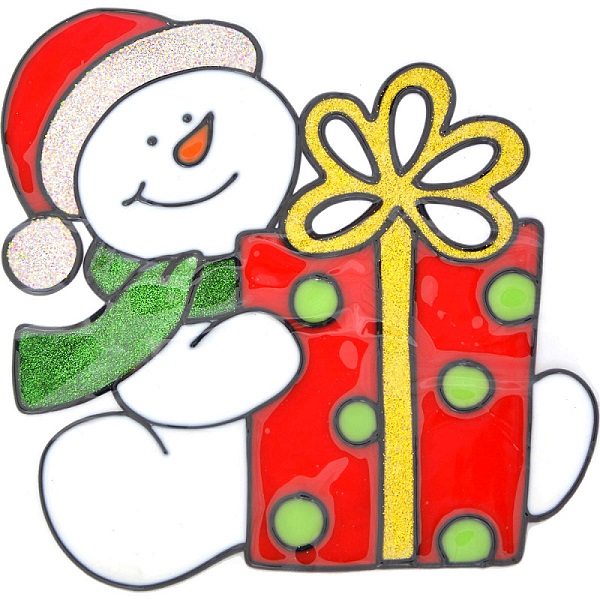 Наклейки - Новогодние Снеговик с подарком, 21*16,5 см, гелевая N09238