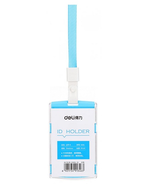 Бейдж  60*98мм вертикальный, клип и голубой шнур, Deli 8306blue