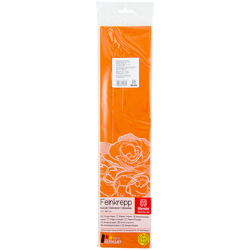 Бумага гофрир. поделочная 50*250 см оранжевая WEROLA 12800-109 растяжение 55% в упак.
