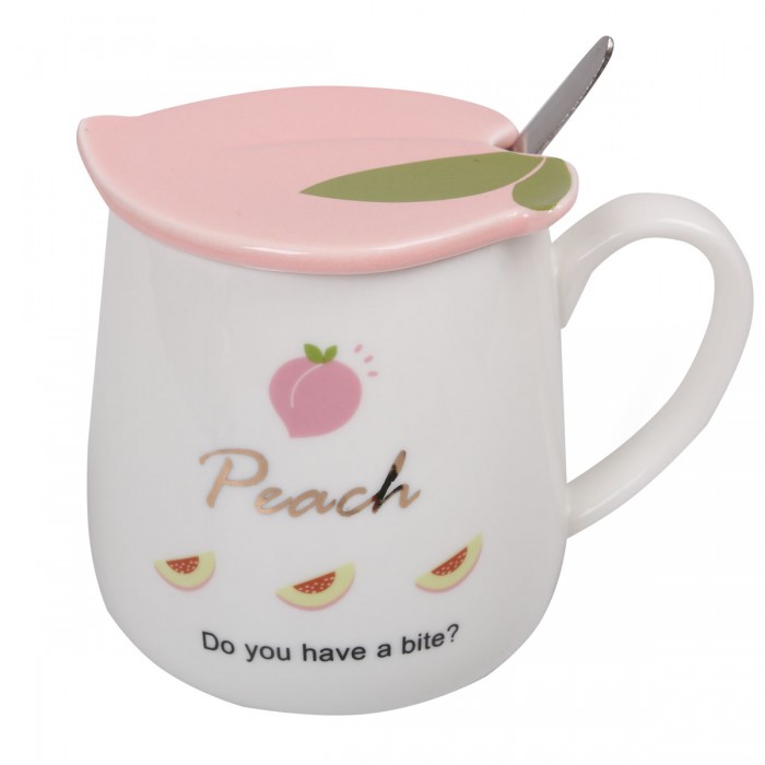 Кружка КОКОС Peach, с крышкой, ложка, керам, ассорти 207337