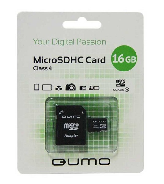 Карта памяти MicroSDHC 16Gb Class  4 QUMO (адаптер SD)