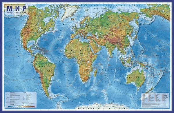 Карта Мира физическая М1:29 млн (101*66 см) интерактивная, на рейках КН079 ламинация