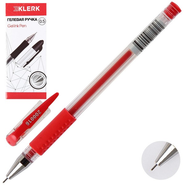 Ручка гелевая KLERK 200016 красная, резин.грип, игол. 0,5мм
