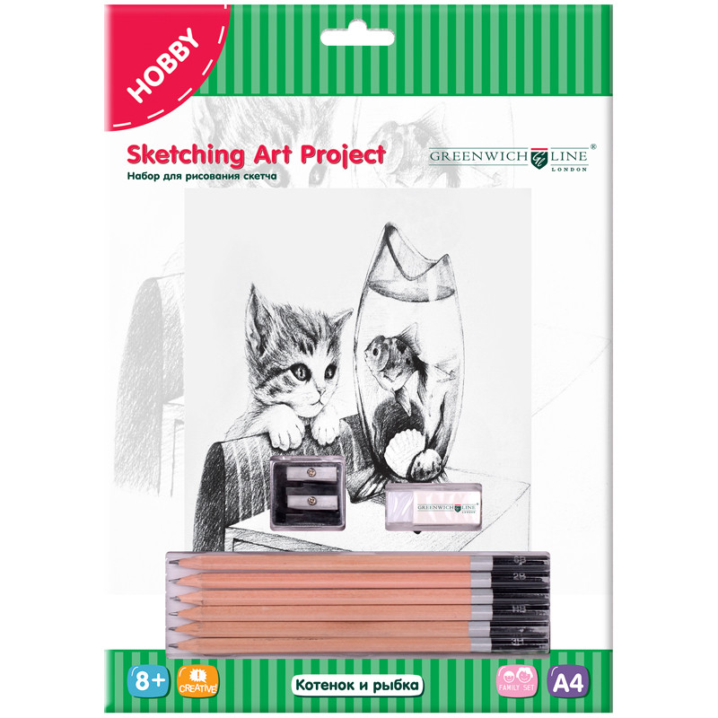Набор для рисования скетча  "Котенок и рыбка" A4  SK_14640 карандаши, ластик, точилка, картон 