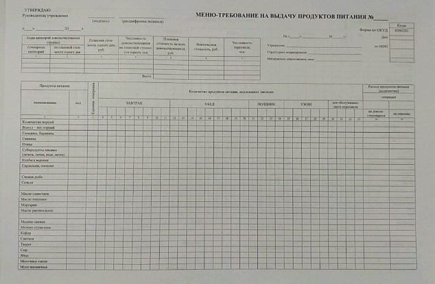 Меню-требование на выдачу продуктов питания, А3 КЖ-411