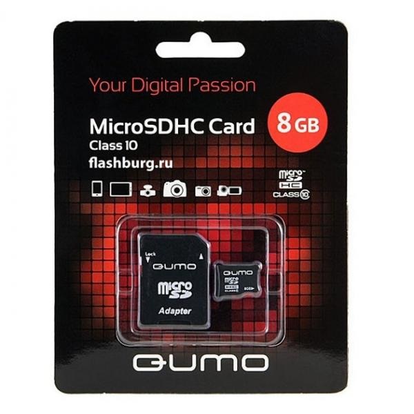 Карта памяти MicroSDHC  8GB Сlass 10 QUMO (адаптер SD)