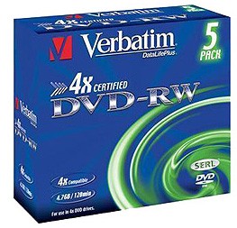 Компакт-диск DVD-RW 4.7Гб 4х Verbatim, Jewel Case 5шт 
