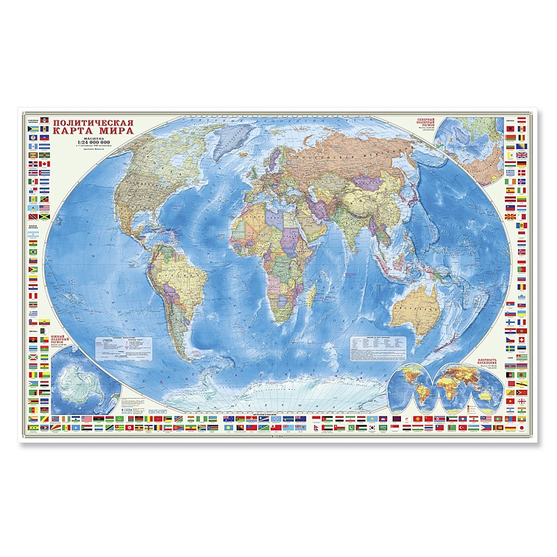 Карта Мира политическая М1:24 млн (124х80 см) с флагами, настенная Геодом