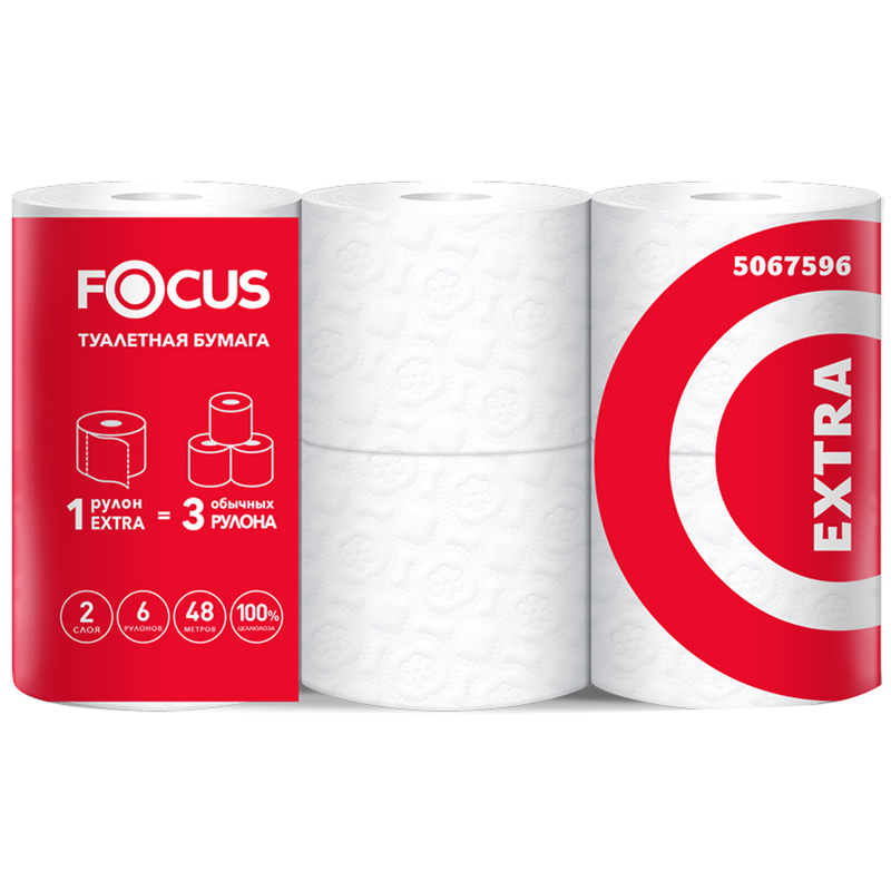 Туалетная бумага 6 рул.  Focus Extra, 2 слойн, мини-рулон, тиснение, белая