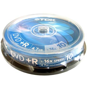 Компакт-диск DVD+R 4.7Гб 16х TDK, Cake Box 10шт ВЫВОД