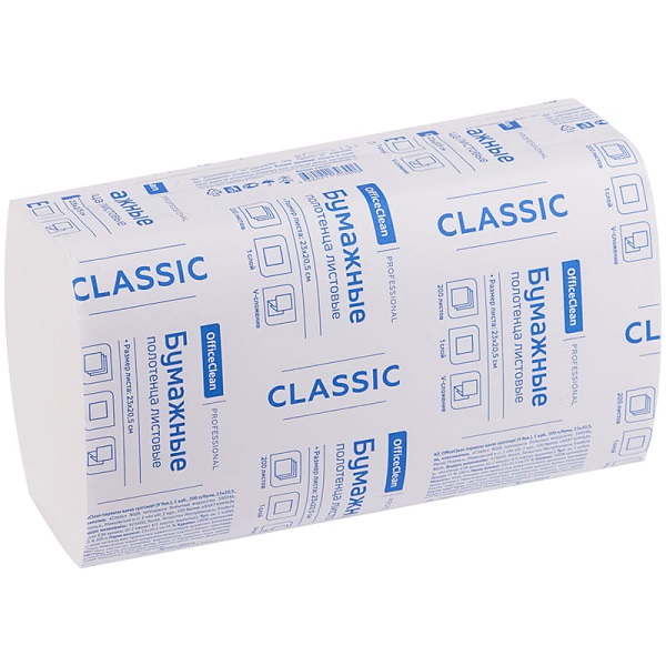 Полотенца бумажные 200л 1-слойное OfficeClean Professional V-сложение, 23*20,5, белые 300445