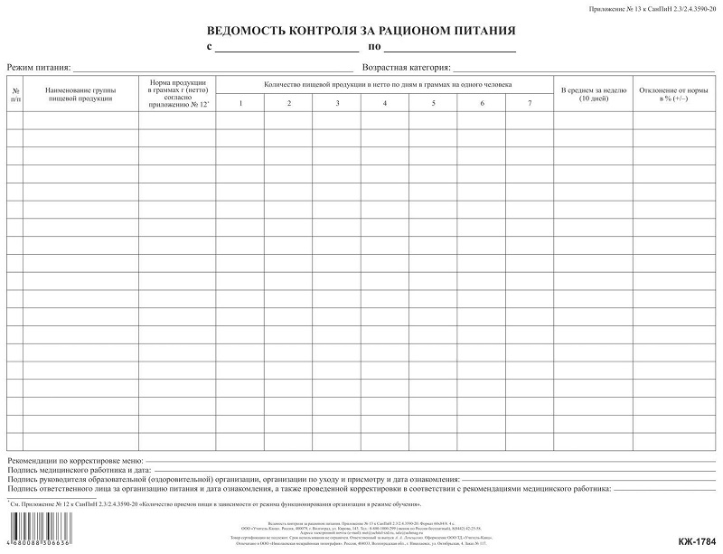 Ведомость контроля за рационом питания А3, 100 экз. КЖ-1784