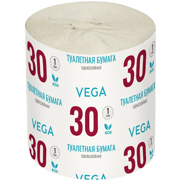 Туалетная бумага 1 рул. без втулки, 30 м. серая, Vega, 1-сл.