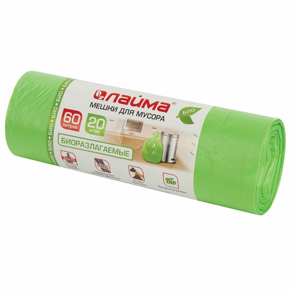 Мешки д/мусора 60л*20шт 15мкм 60*70см, ПНД биоразлогаемые зеленые