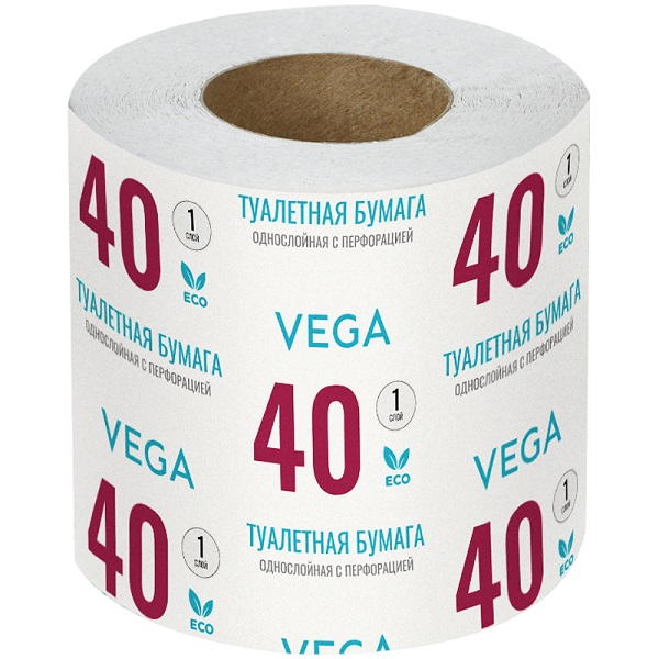 Туалетная бумага 1 рул. на втулке 40 м. серая, Vega, 1-сл.