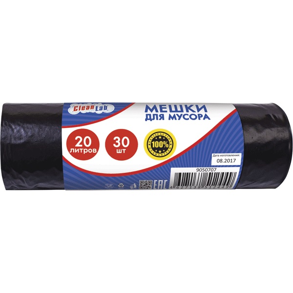 Мешки д/мусора 20л*30 шт 44x49см 5,5мкм CleanLab 9050707, ПВД черные