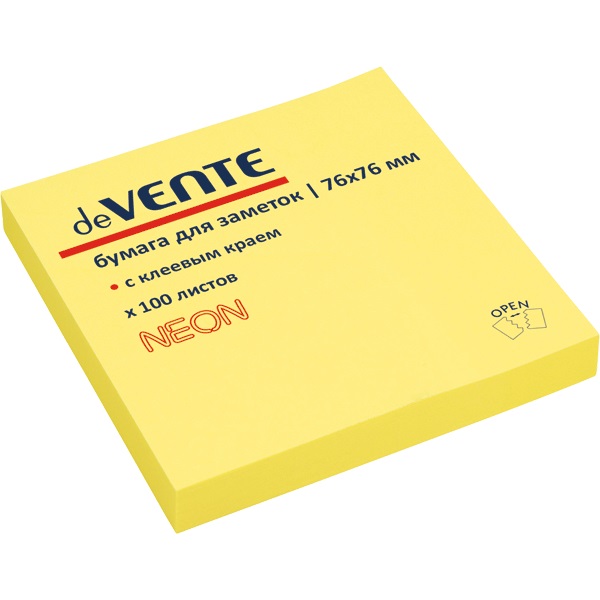 Клейкая бумага для заметок deVENTE 76x76 мм, 100л, неоновая желтая 2010329