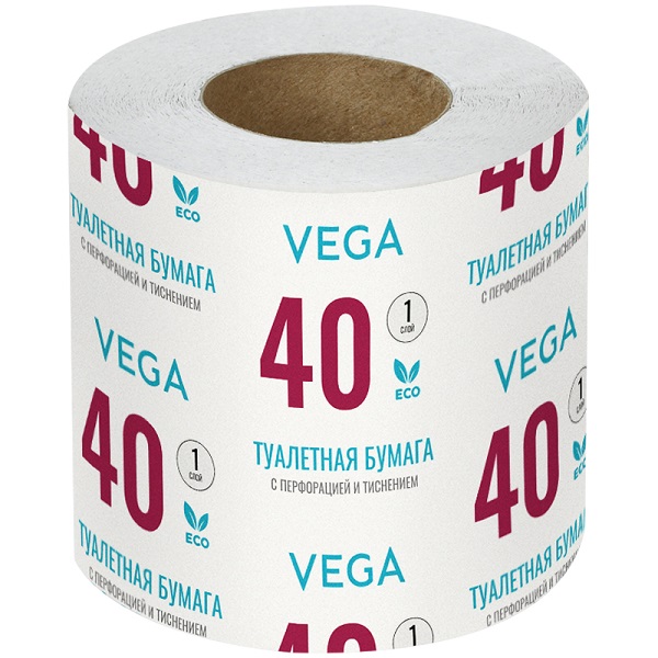 Туалетная бумага 1 рул. на втулке 40 м. белая, Vega, 1-сл.